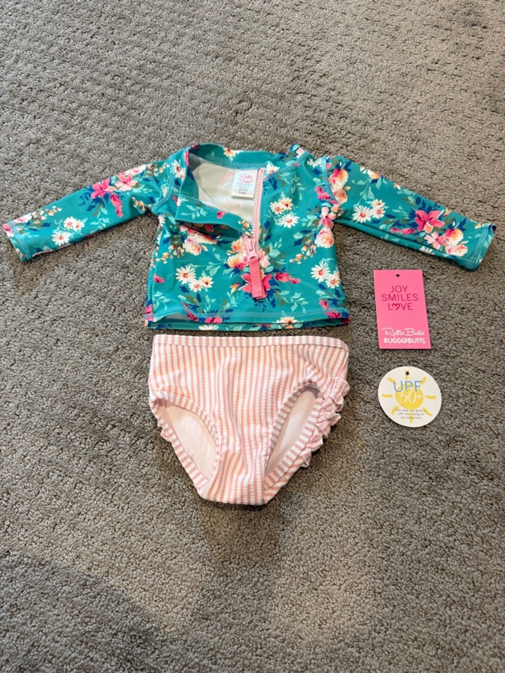 Ruffle Butts Teal Floral Long-Sleeve Rash Guard with Pink Stripe Bottoms